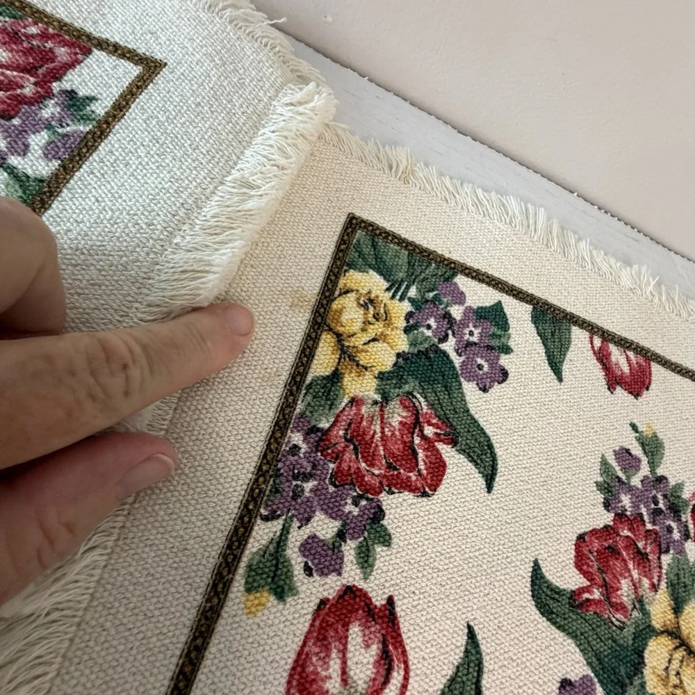 Vintage Stevens Linen Placemats Napkins Set 5, Floral Cottagecore Fringed USA